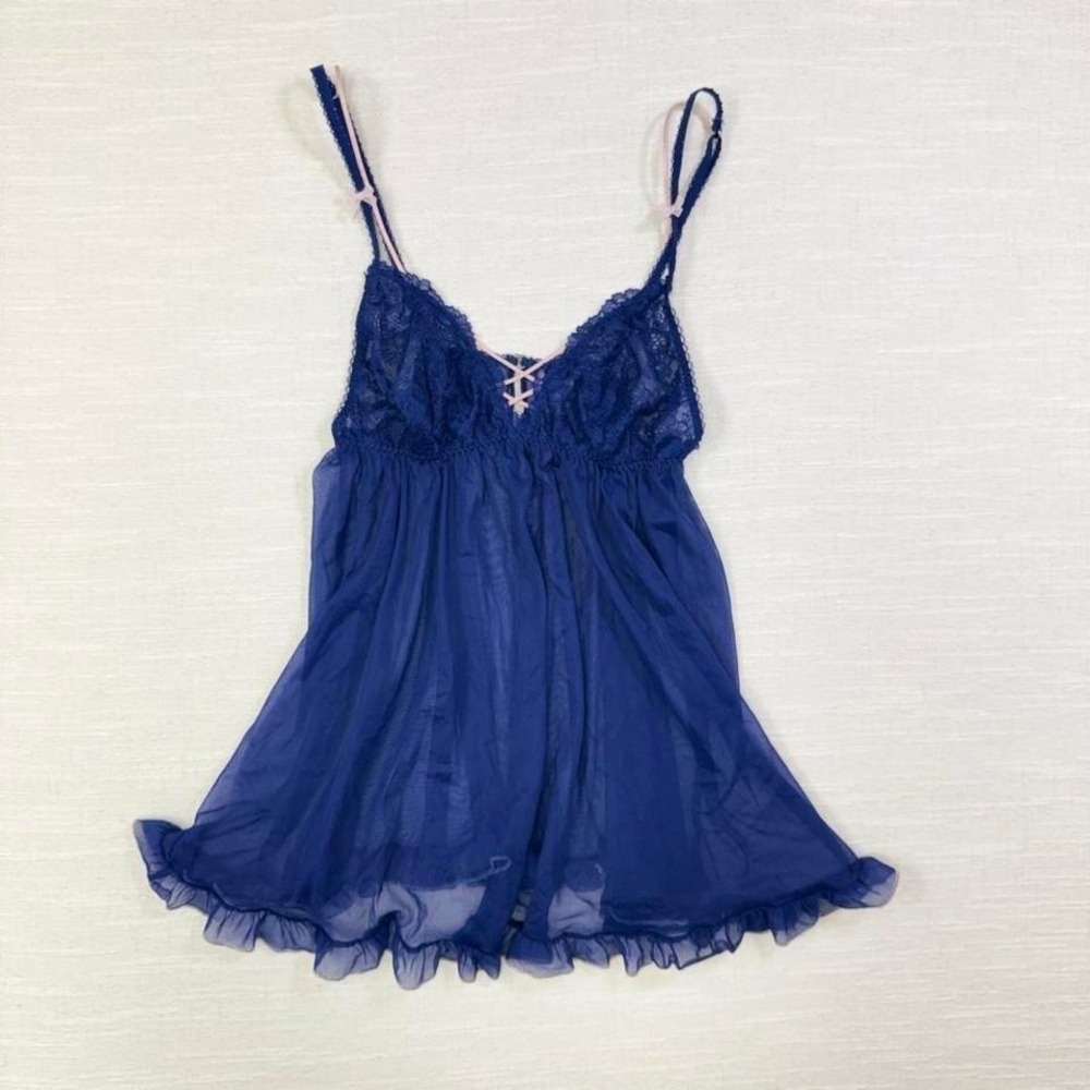 Vintage Victoria Secret Sheer Babydoll Lingerie Blue‎ Lace Y2K Womens M